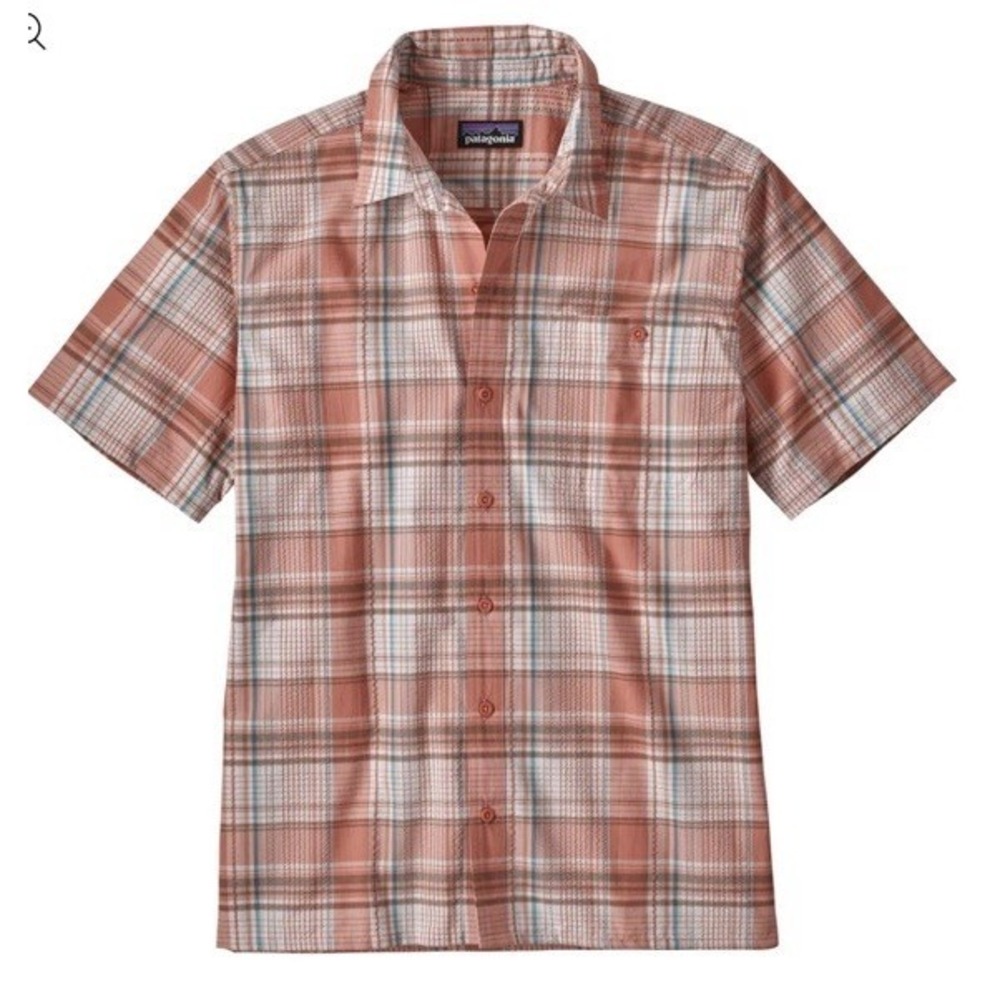 M's Puckerwear Patagonia A/C short sleeve shirt L organic red/orange Blue plaid - Picture 2 of 10